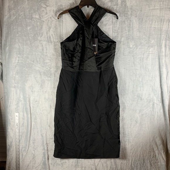 Hugo BOSS Women's Datinar Dress 12 Black Twist Neck Sleeveless Satin Top Stretch - Picture 2 of 12